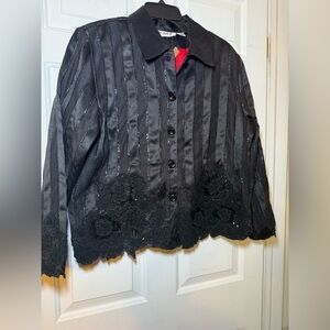 Anage Vintage Black Stripe Black Womans Blazer Jacket Lace & Sequins NWT Large